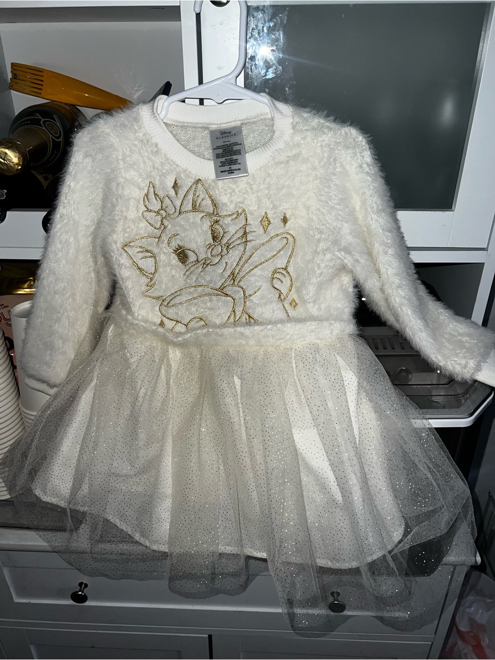 Disney White Fuzzy Tulle Dress with Gold Cat Embroidery